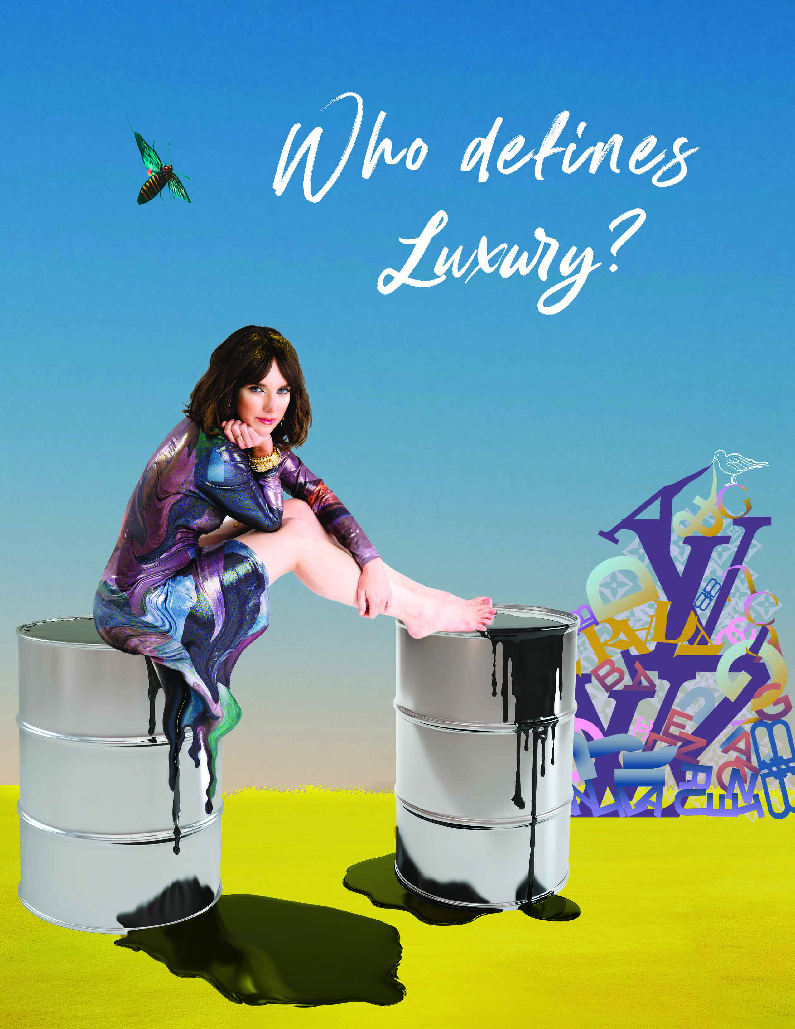 Alden Wicker seated between silver barrels beneath the question, Who defines Luxury?