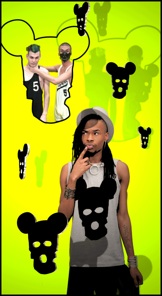 An animated collage portrait of B Hawk wearing graphic 5Preview clothing