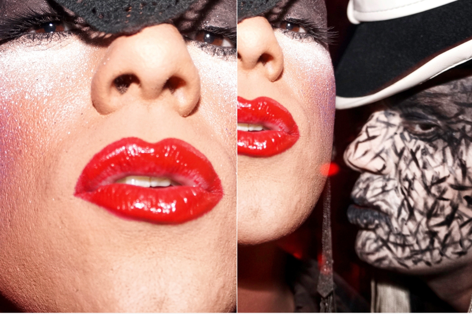 A close nightlife portrait with theatrical makeup and vivid red lipstick