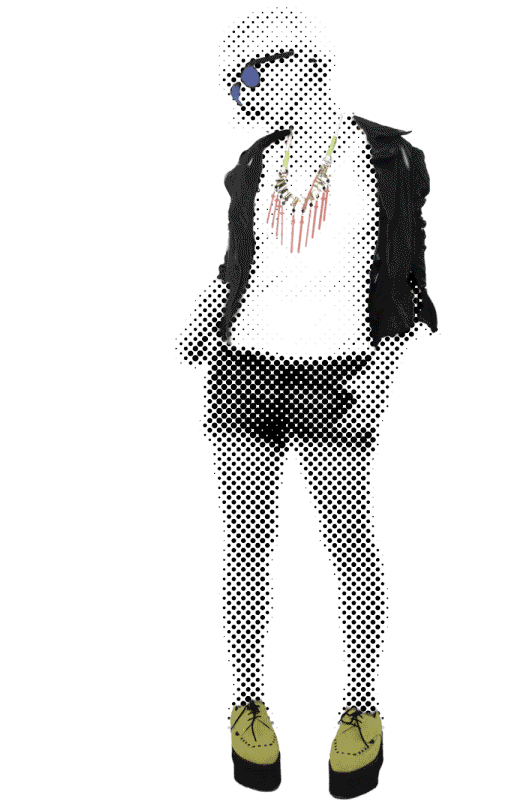 An animated personal-style portrait rendered in graphic halftone