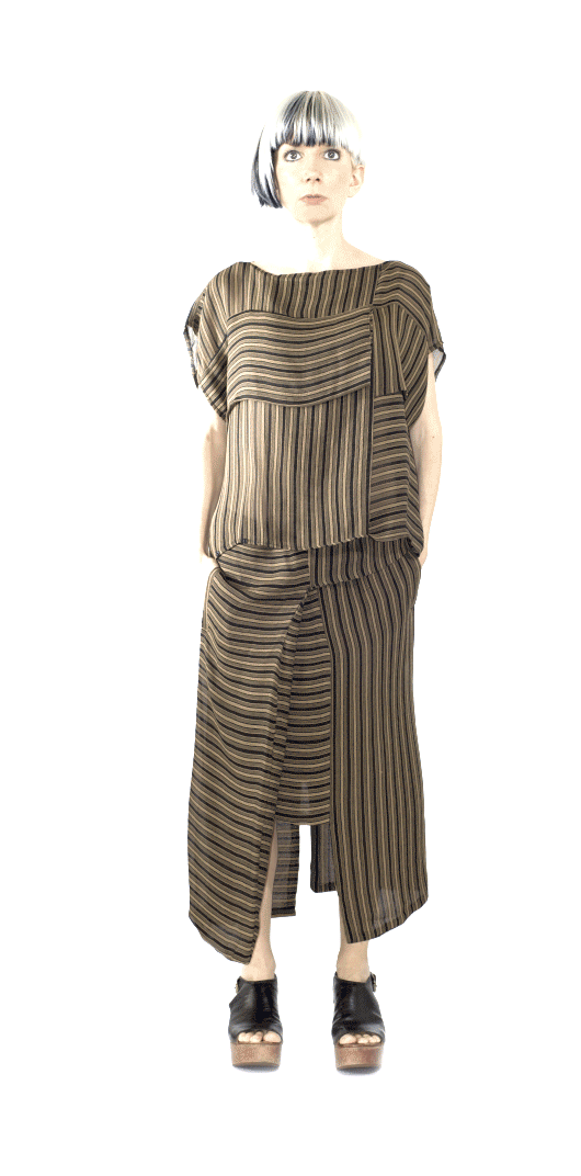 An animated full-length self-portrait wearing a striped NOT ensemble