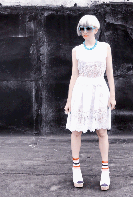 An animated full-length portrait wearing a white Suno dress
