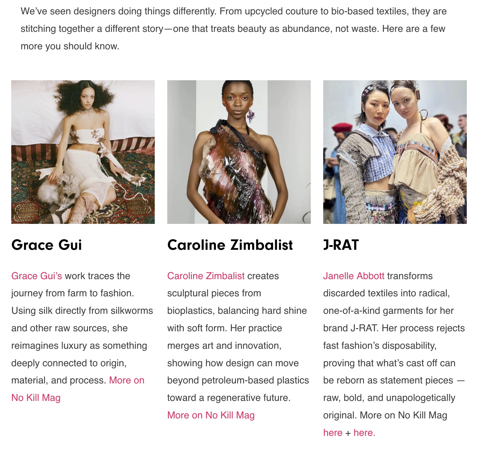 Campaign microsite profiles of Grace Gui, Caroline Zimbalist and J-RAT