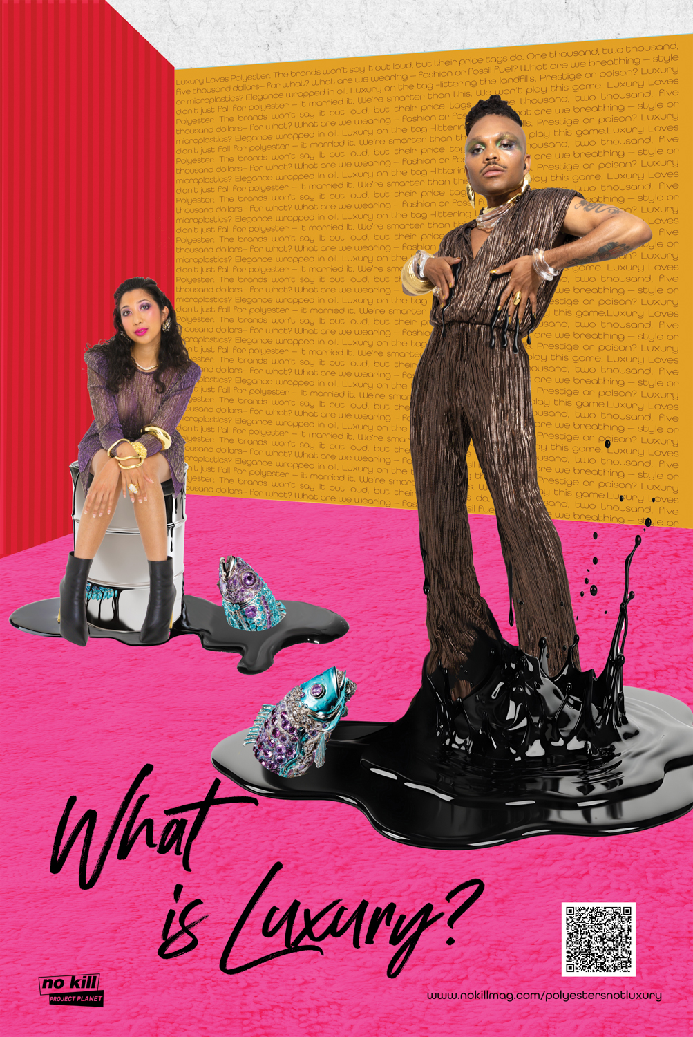Campaign poster featuring Kristy Drutman and Christopher Griffin, also known as PlantKween, with the question What is Luxury and a QR code