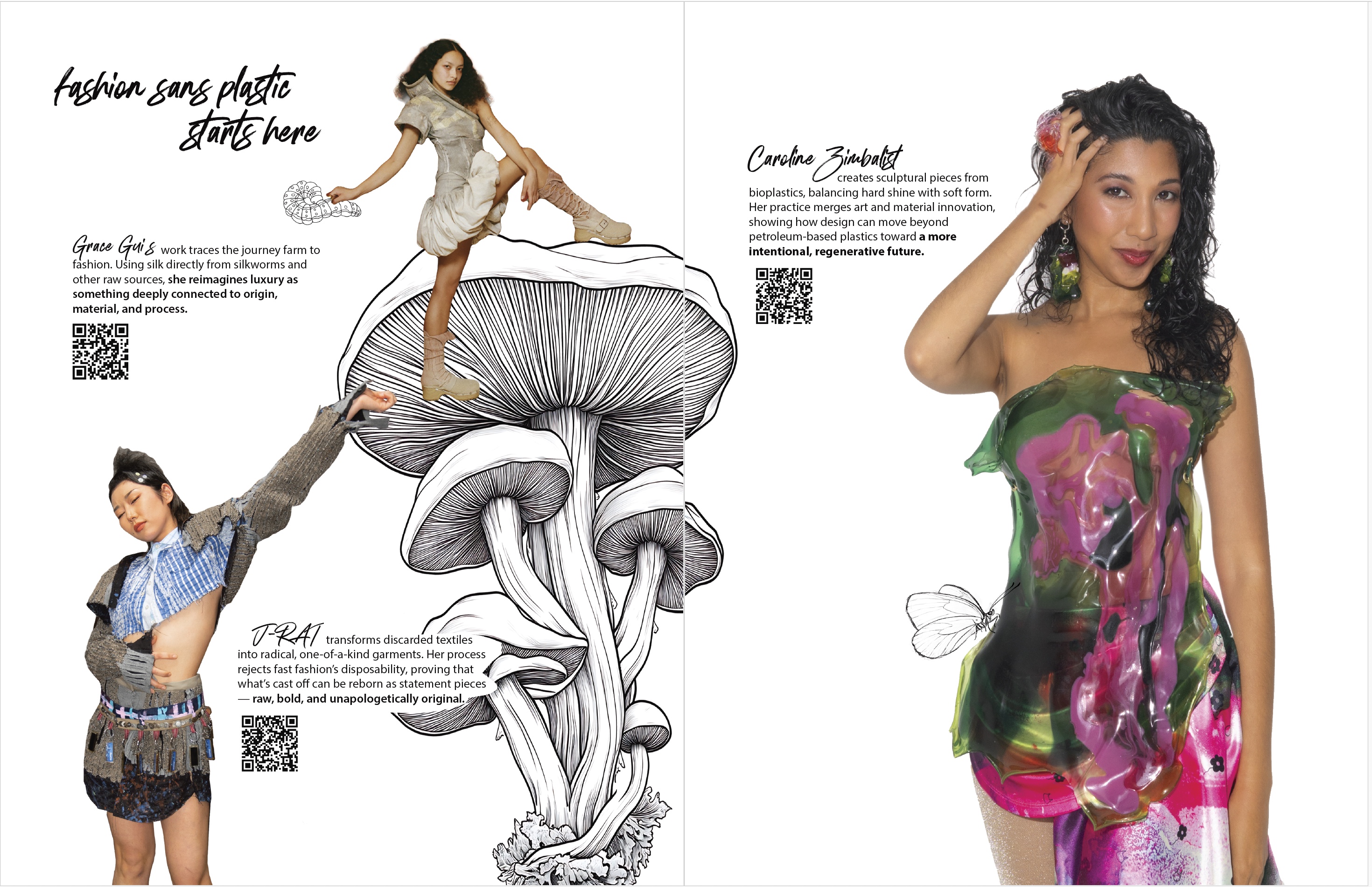 Fashion Sans Plastic spread featuring Grace Gui, J-RAT and Caroline Zimbalist