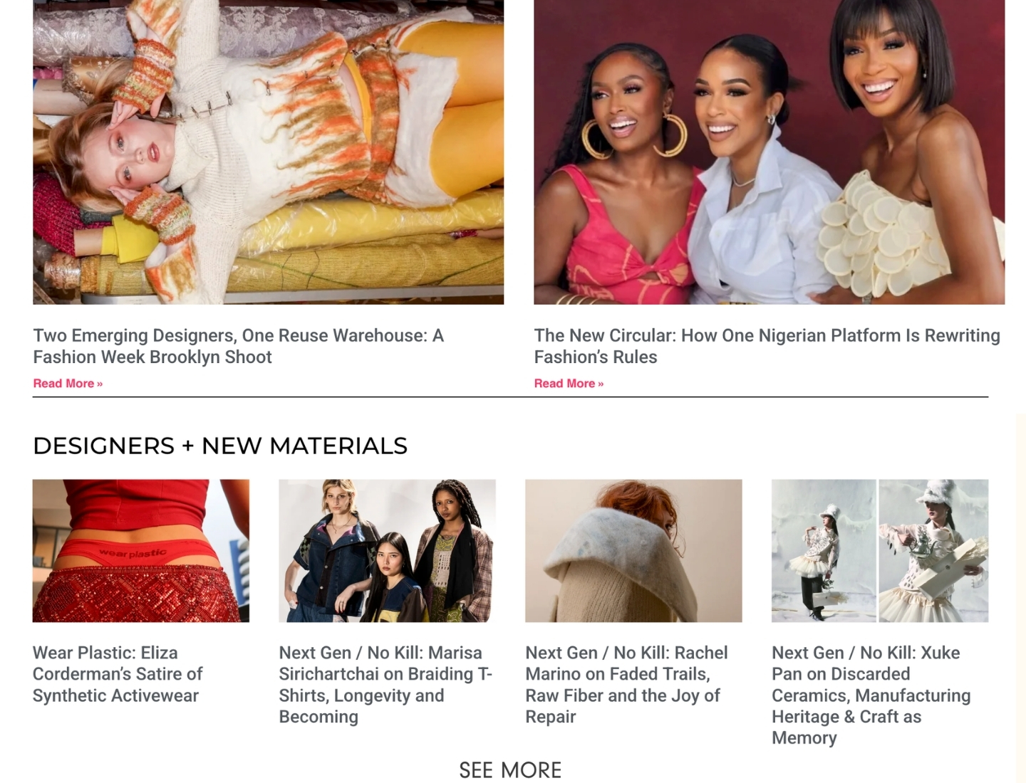 Continuation of the No Kill Magazine homepage showing recent stories and designers