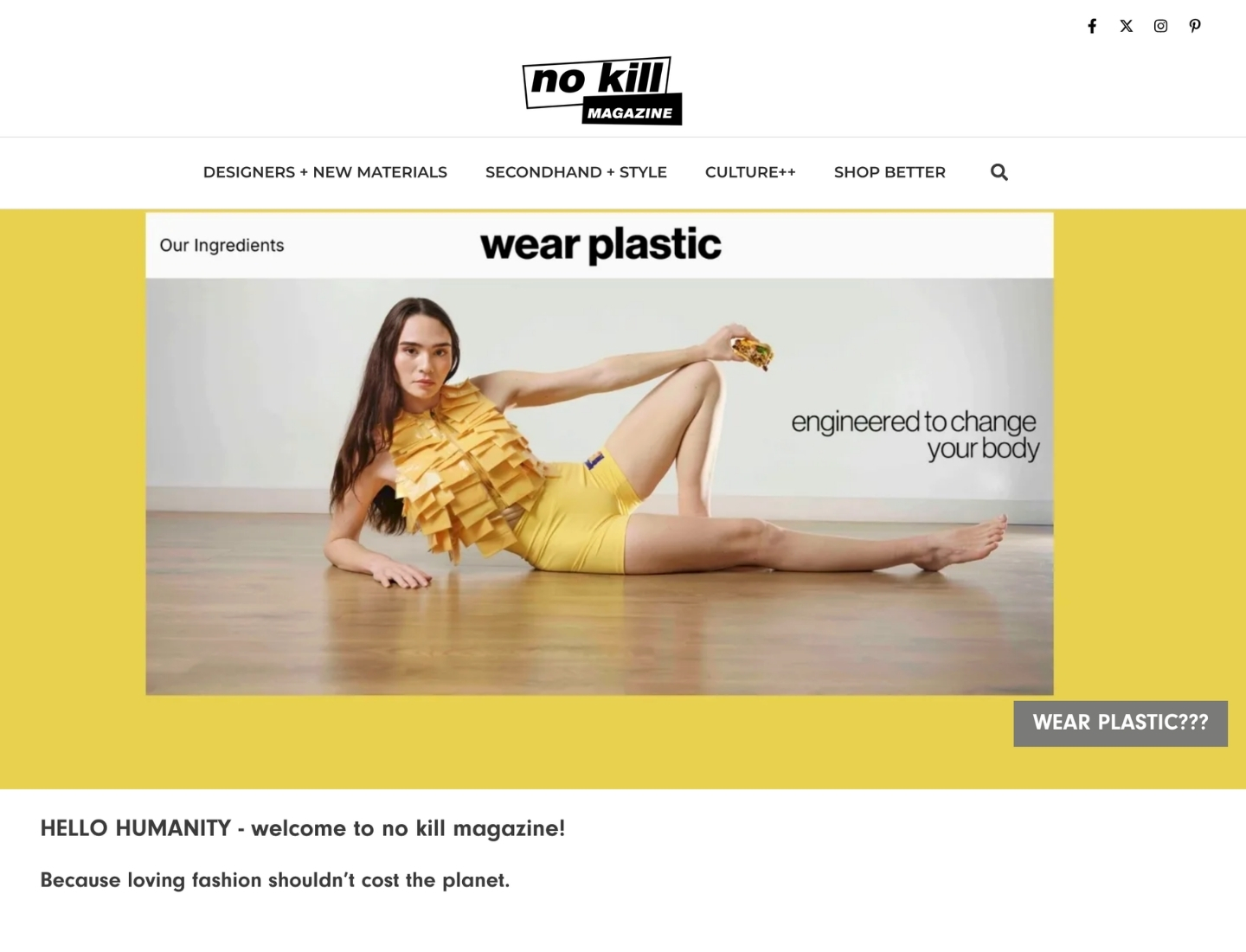 Top of the No Kill Magazine homepage with its yellow Wear Plastic feature