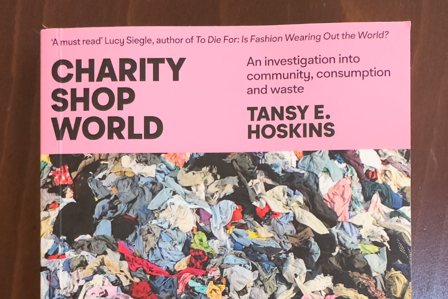 Charity Shop World by Tansy E. Hoskins resting above a pile of discarded clothing